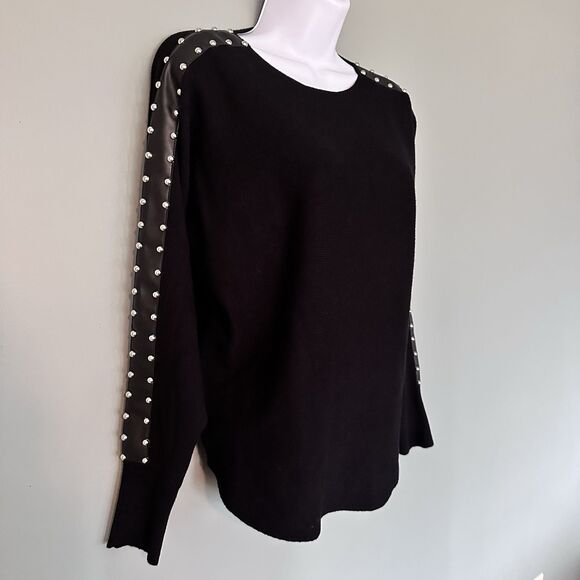 Sioni Milano Sweater Womens L Black Faux Leather Silver Studs Soft Mobwife Edgy - Picture 1 of 8